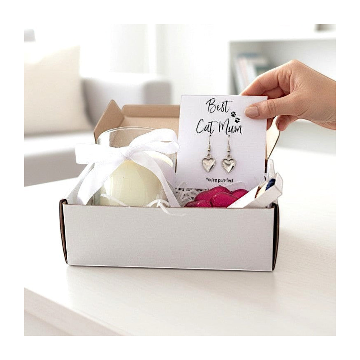 Cat Mum Gift Hamper with Heart Earrings, Candle, Chocolates and Message Card