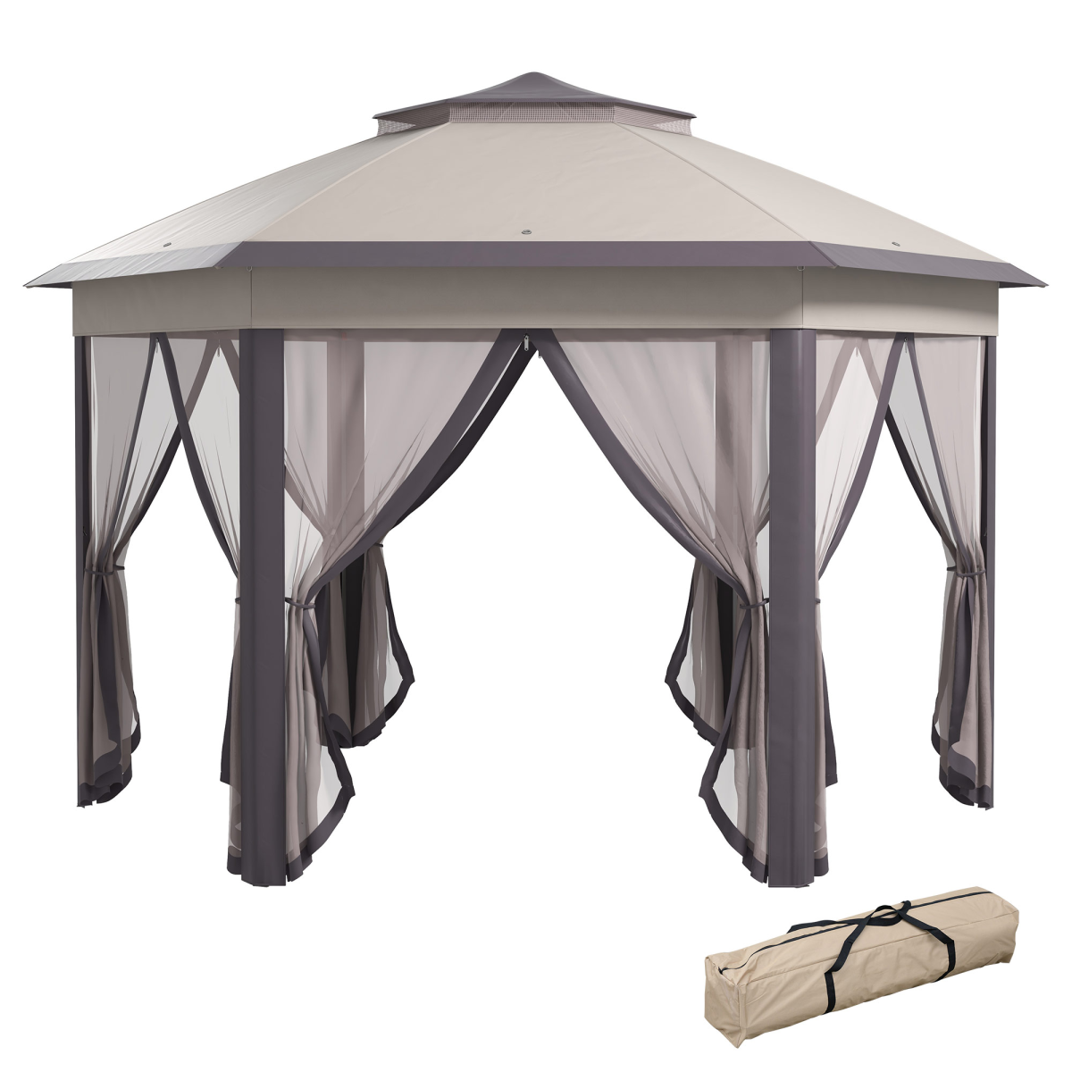 Outsunny 4.05m Metal Frame Mesh Curtain Gazebo with 2-Tier Roof Brown
