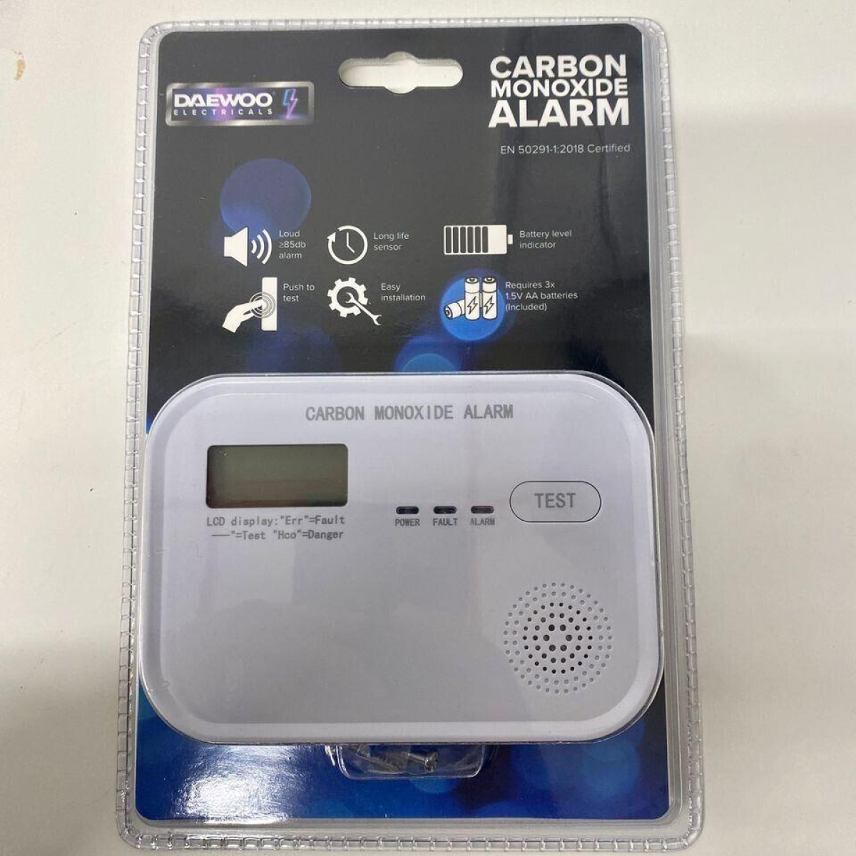Daewoo Carbon Monoxide Alarm Detector ELA1391 EN 50291-1:2018 Wall-Mount