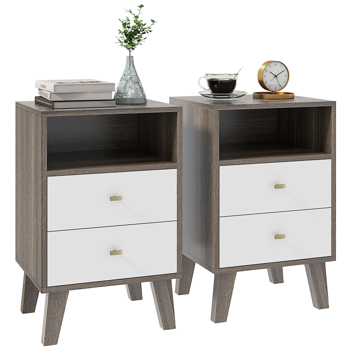 PawHut Set of 2 Bedside Tables, Nightstands with 2 Drawers & Open Cubby