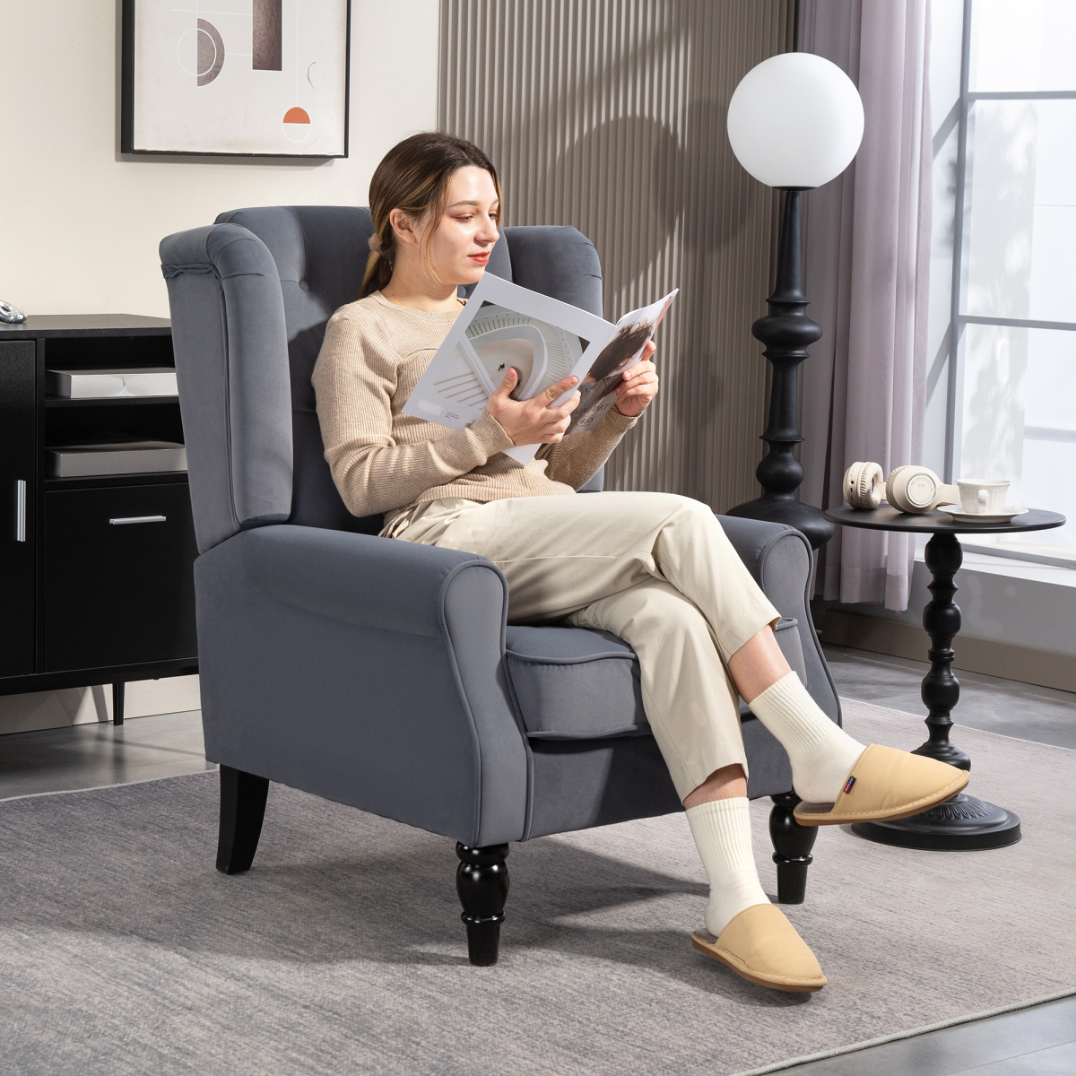 Grey Retro Tufted Velvet-Feel Armchair with Wooden Frame, 160kg Capacity