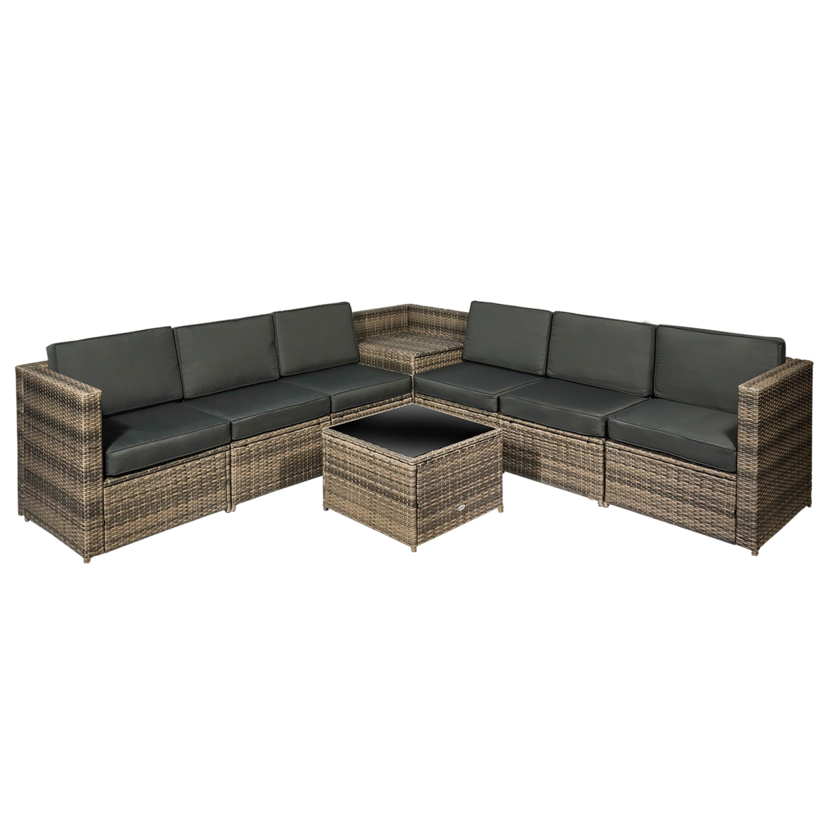 Outsunny 8-Piece Patio Rattan Sofa Set with Cushions, Tempered Glass Coffee Table and Corner Table