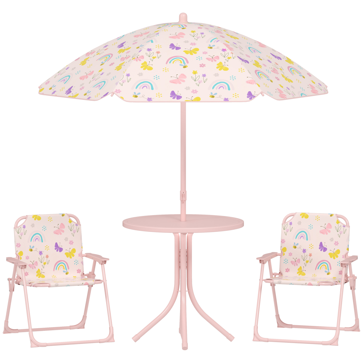 AIYAPLAY Kids Garden Table and Chair Set with Parasol, 4-Piece Outdoor Patio Set, Pink