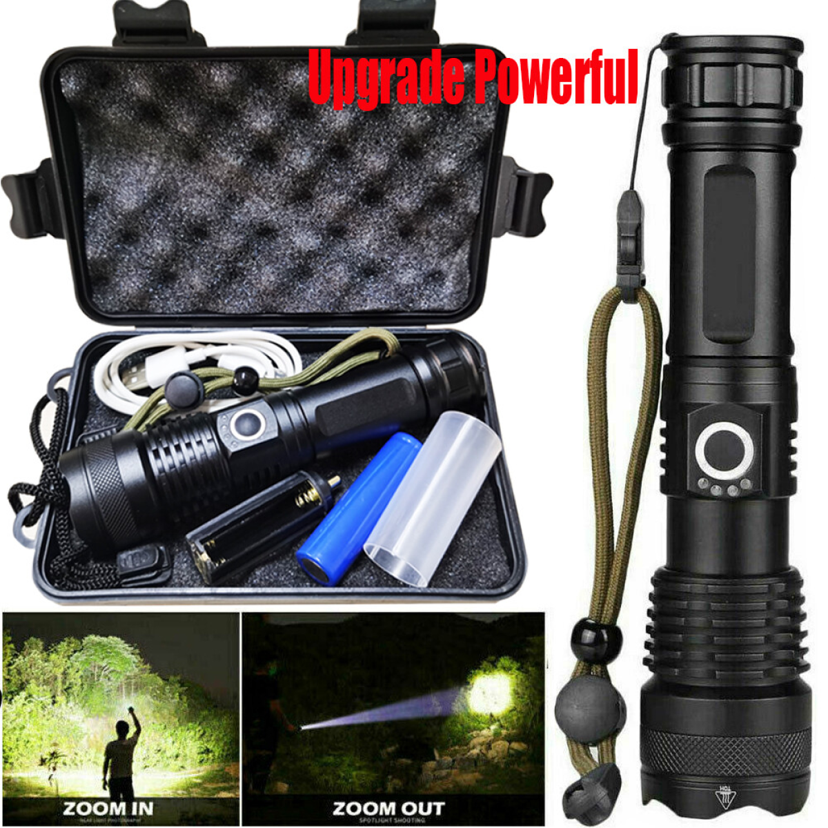 USB Rechargeable LED Flashlight, 5 Modes, Aluminum Alloy, with Strap