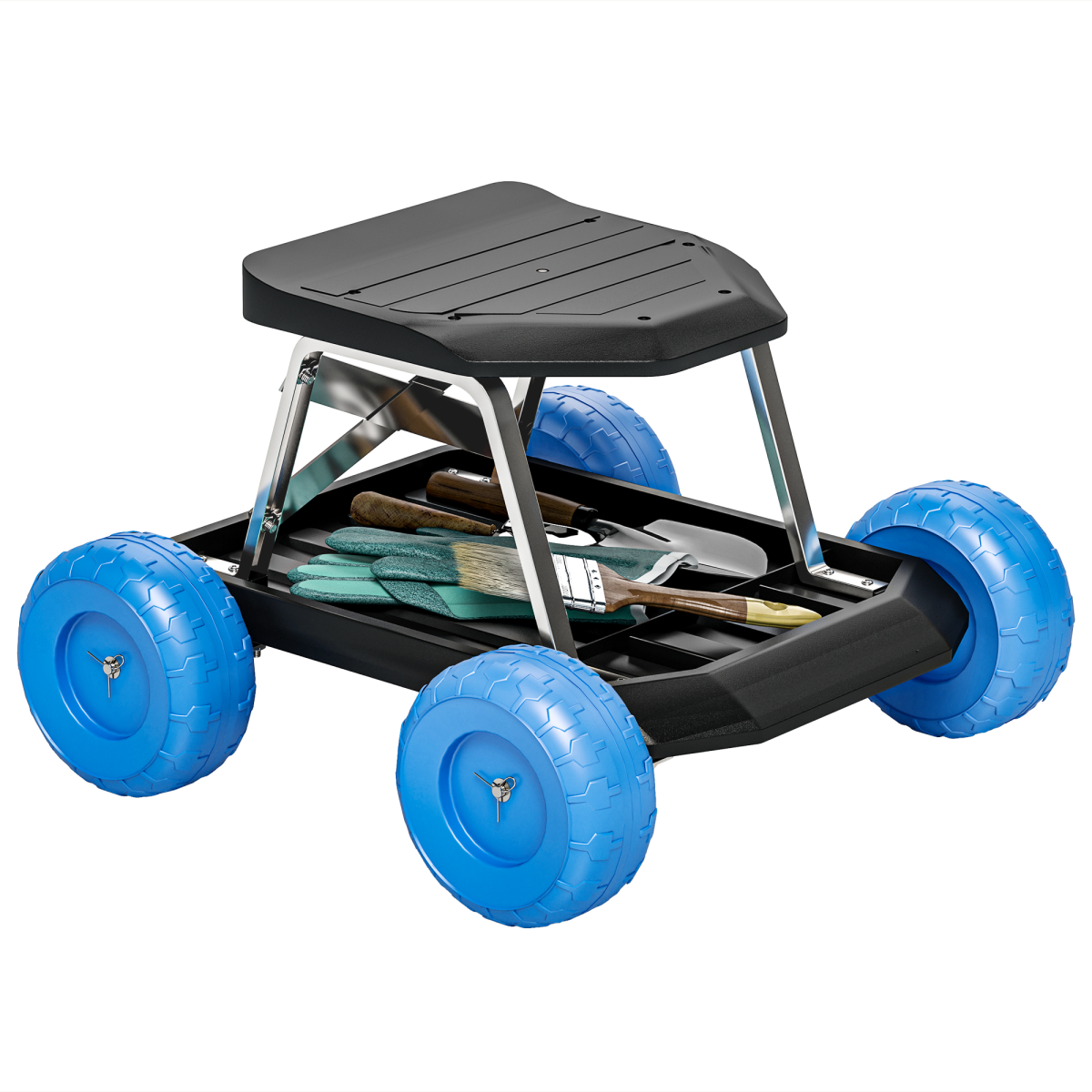 Outsunny Garden Seat Cart with Wheels and Tool Tray, Blue