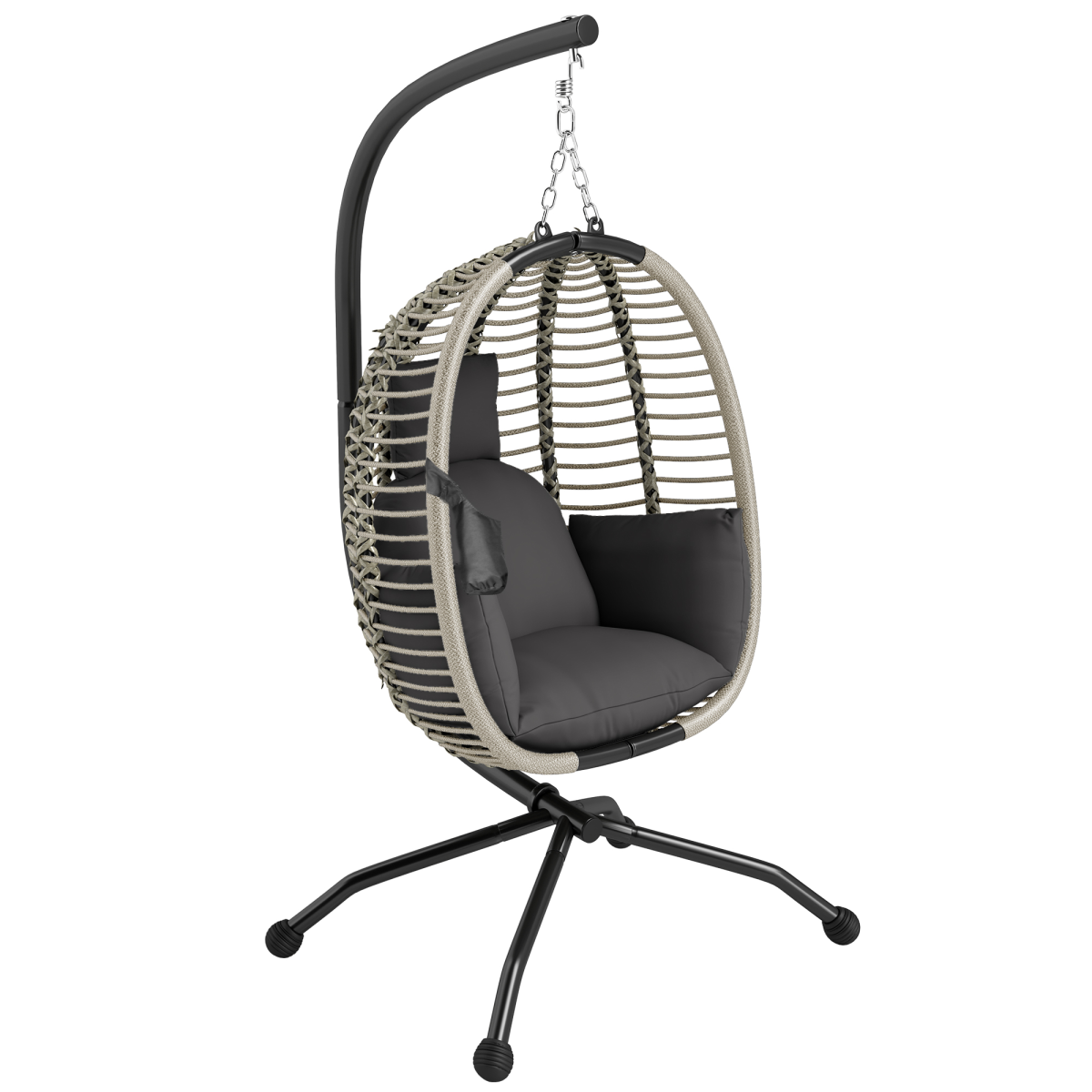 Outsunny Padded Folding Basket Chair with Cup Holders, Dark Grey