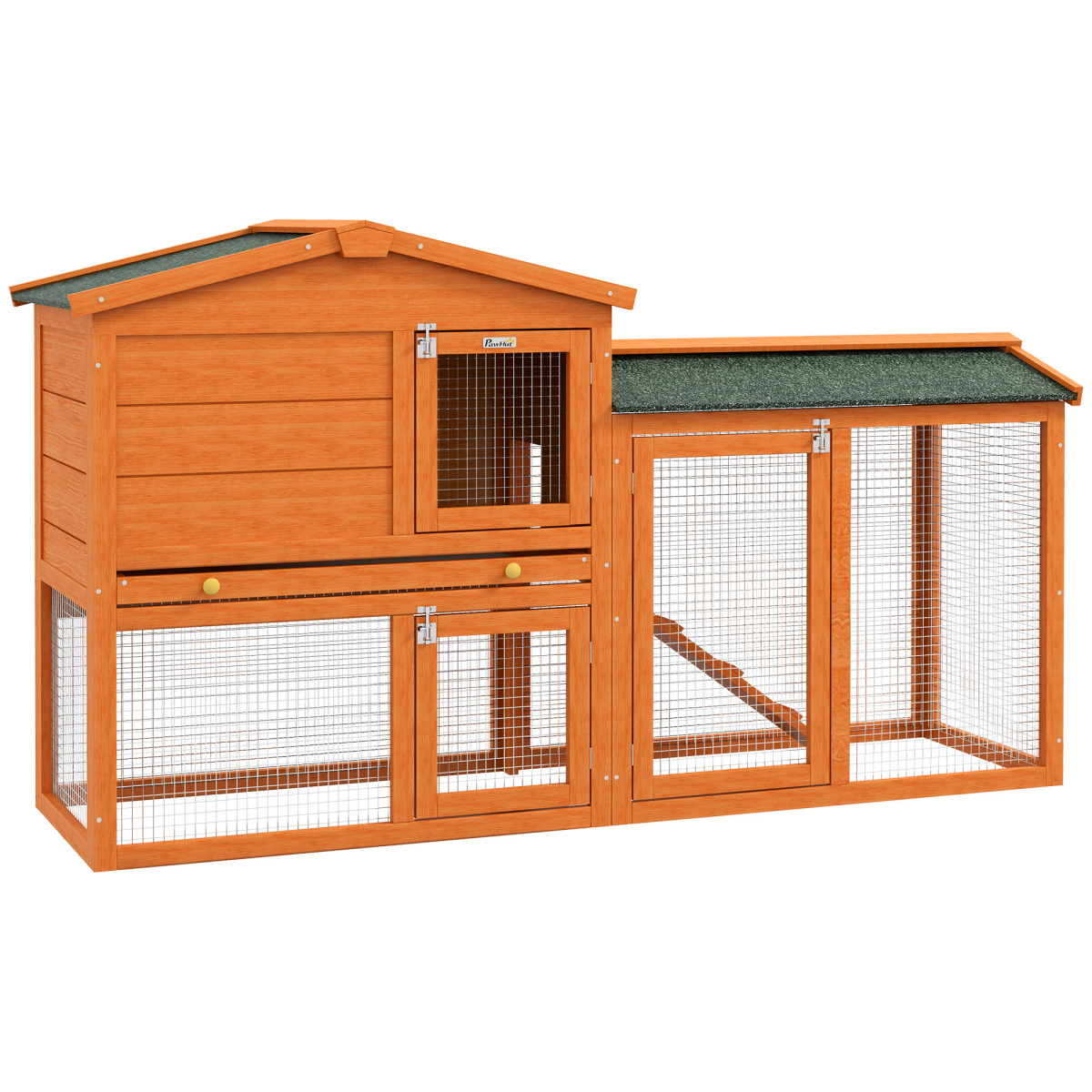 PawHut Wooden Rabbit Hutch with Run, Ramp and Slide-Out Tray