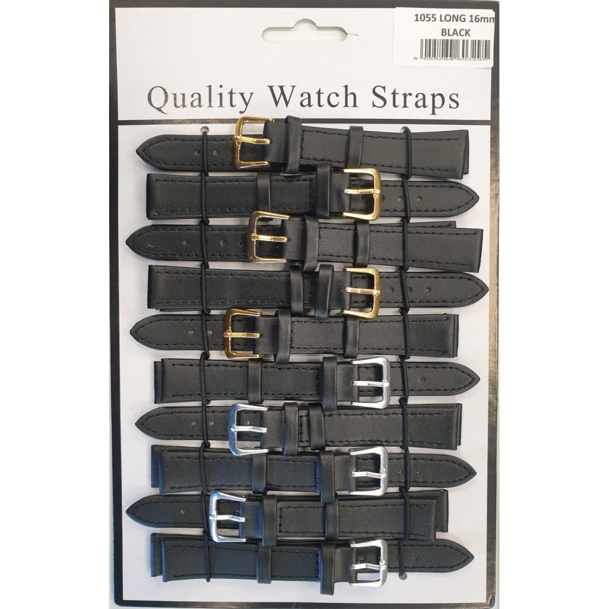 Black Leather Extra Long Watch Straps, Pack of 10, 16mm