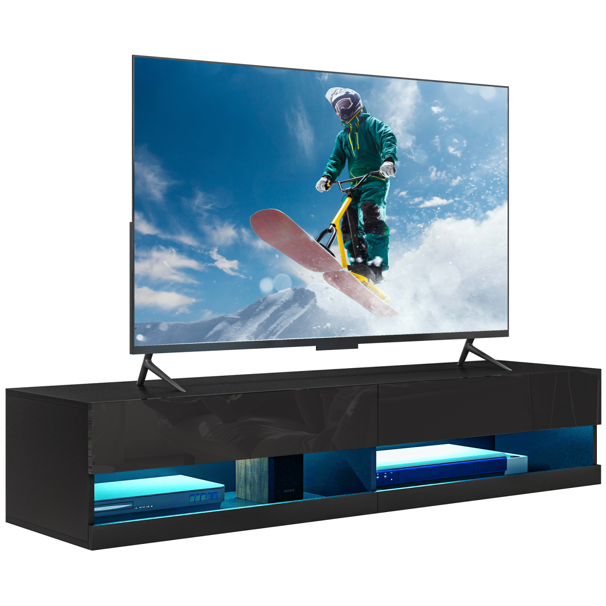 HOMCOM Wall-Mounted Media Console with LED Lights, Storage Shelves, 65" TV Support, High Gloss Black