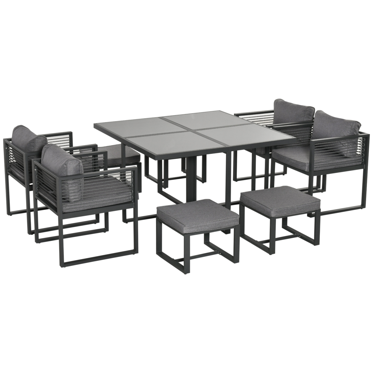 Outsunny 8-Seater Grey Garden Dining Set with Table, Chairs & Footstools
