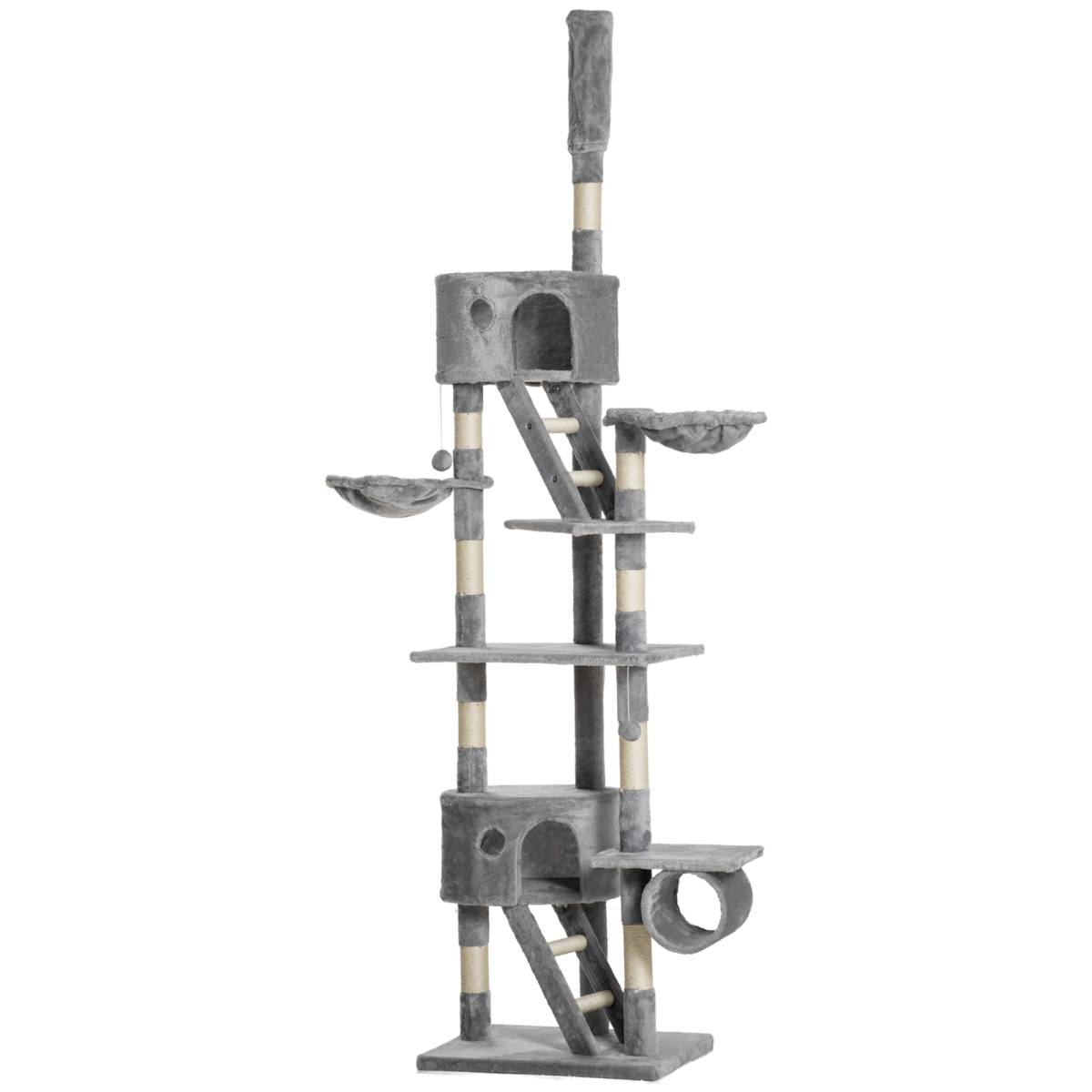 PawHut Adjustable 240-260cm Floor to Ceiling Cat Tree with 2 Cat Houses, 2 Ramps, 2 Hammocks, Tunnel, Toy Balls and Scratching Posts