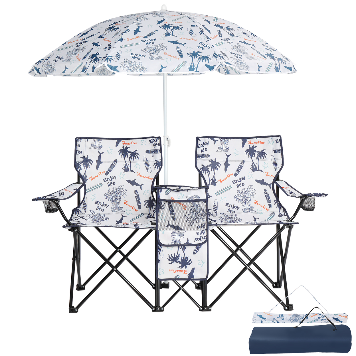 Portable Outdoor 2-Seat Folding Chair w/ Removable Sun Umbrella Coconut Tree (HTML)
