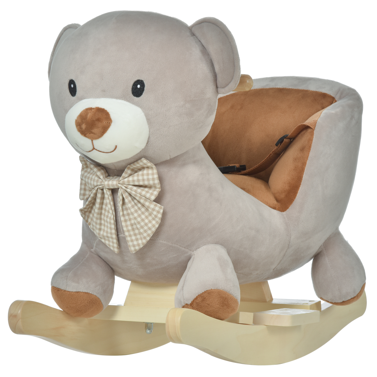 Kids Plush Bear Rocking Ride On Seat with Sound Button, Wood Base and Seat Belt