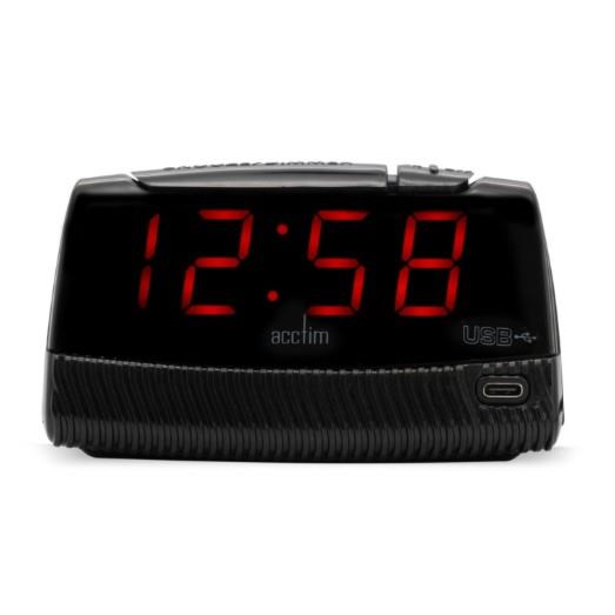 Acctim Wade Digital Alarm Clock with Red LED Display, USB-C Charging Hub, Snooze, Battery Backup, Black 16553