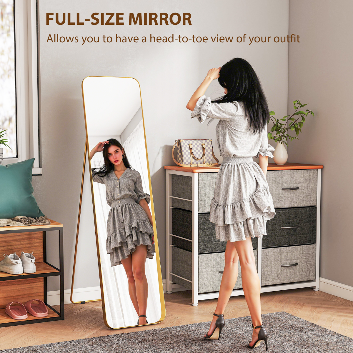 Gold Tone Full-Length Mirror with Metal Frame, Shatterproof Glass, No Assembly Required