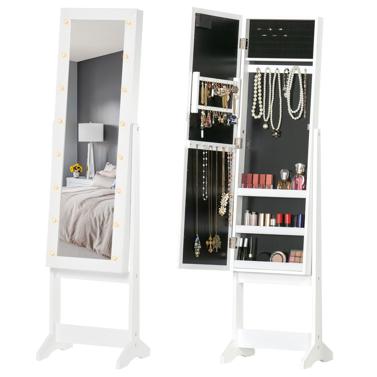 HOMCOM LED Mirrored Jewellery Cabinet with Full-Length Adjustable Mirror, Jewellery Storage Organizer, White, 36 x 30 x 136 cm