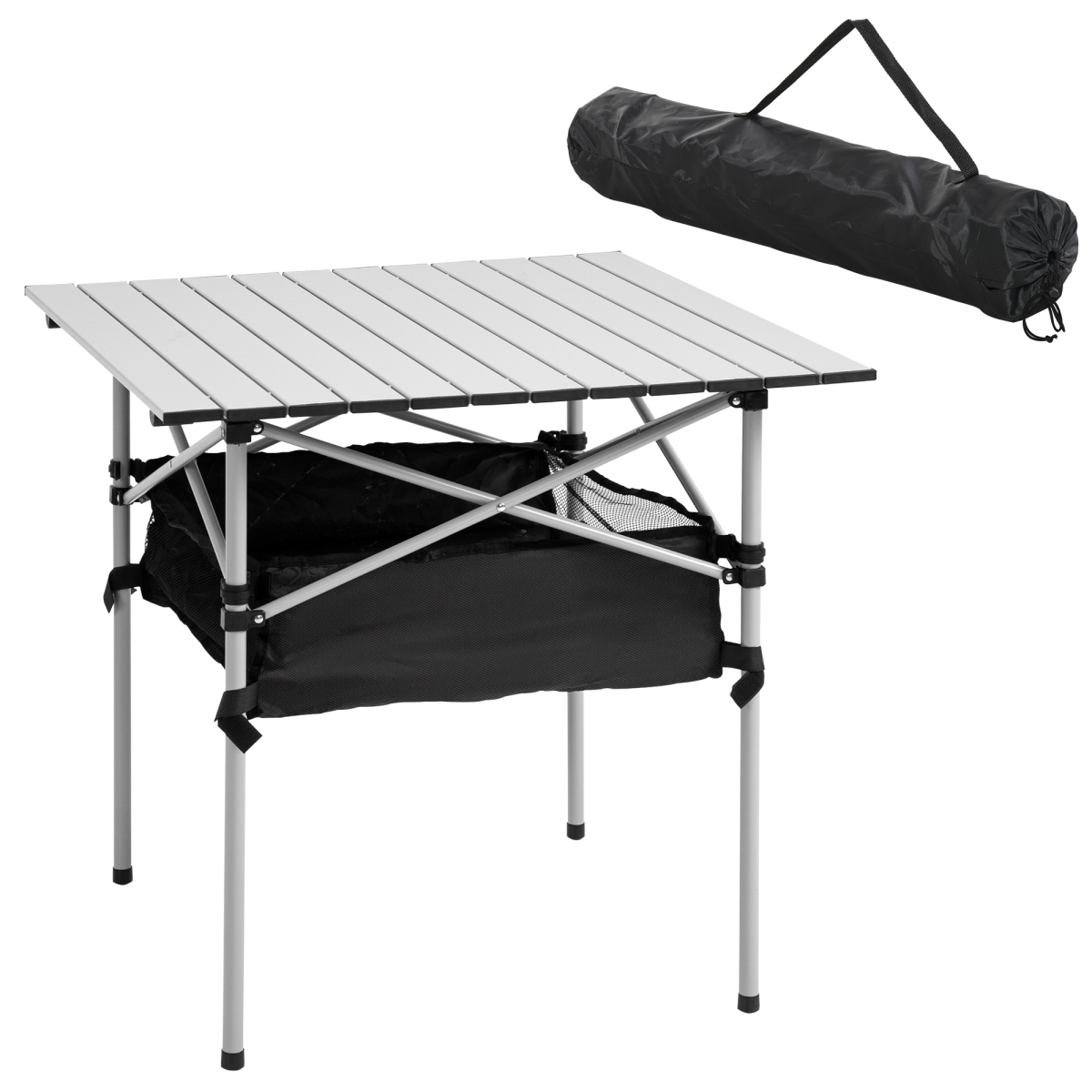 Outsunny Aluminum Roll-Top Camping Table with Storage Bag, Foldable, Silver and Black