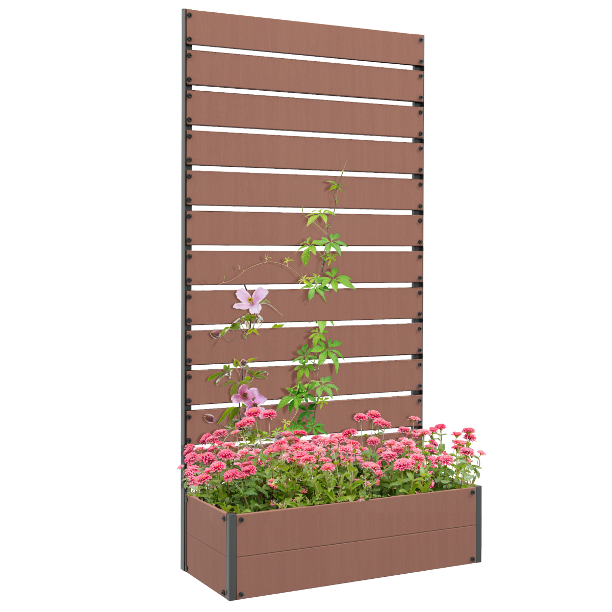 Outsunny Raised Garden Bed with Trellis, Standing Patio Planter Box, Wood-Plastic Composite, Light Brown