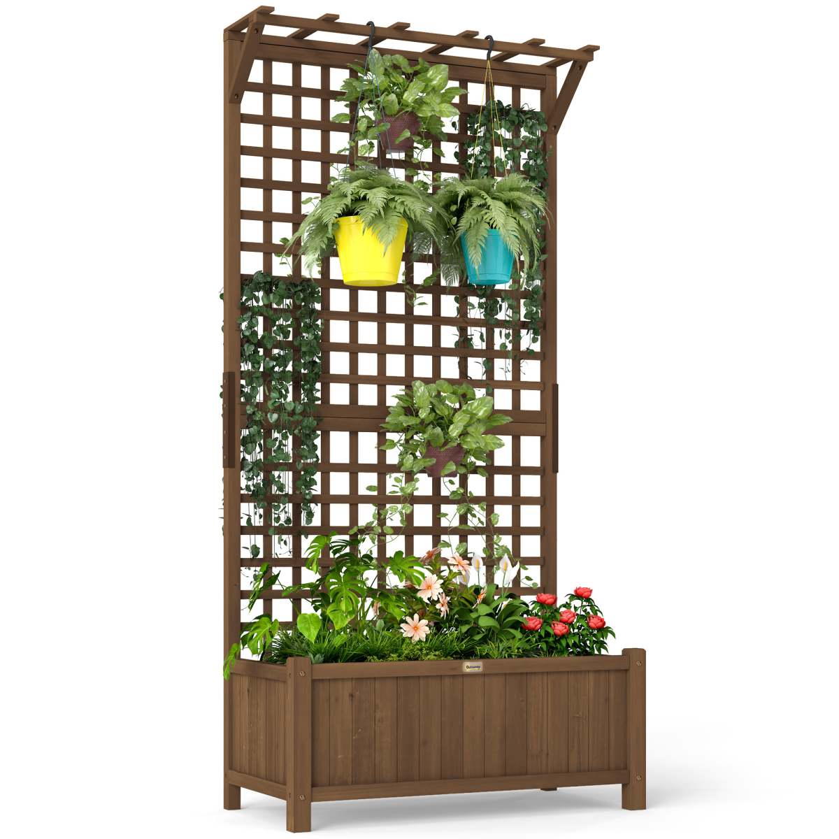 Outsunny Wooden Raised Garden Bed with Trellis and Drain Holes