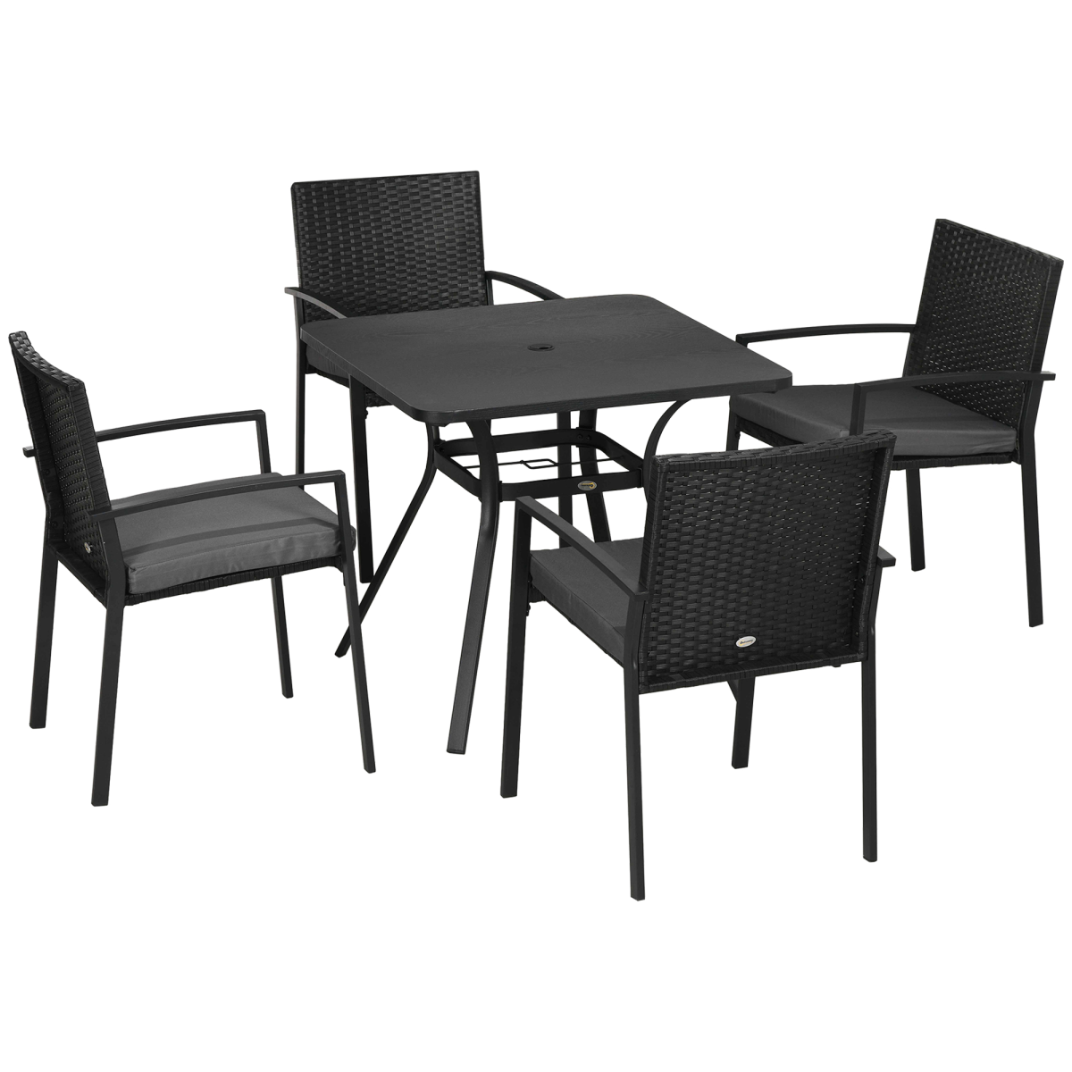 Outsunny 4-Seater Rattan Garden Dining Set with Umbrella Hole - Black