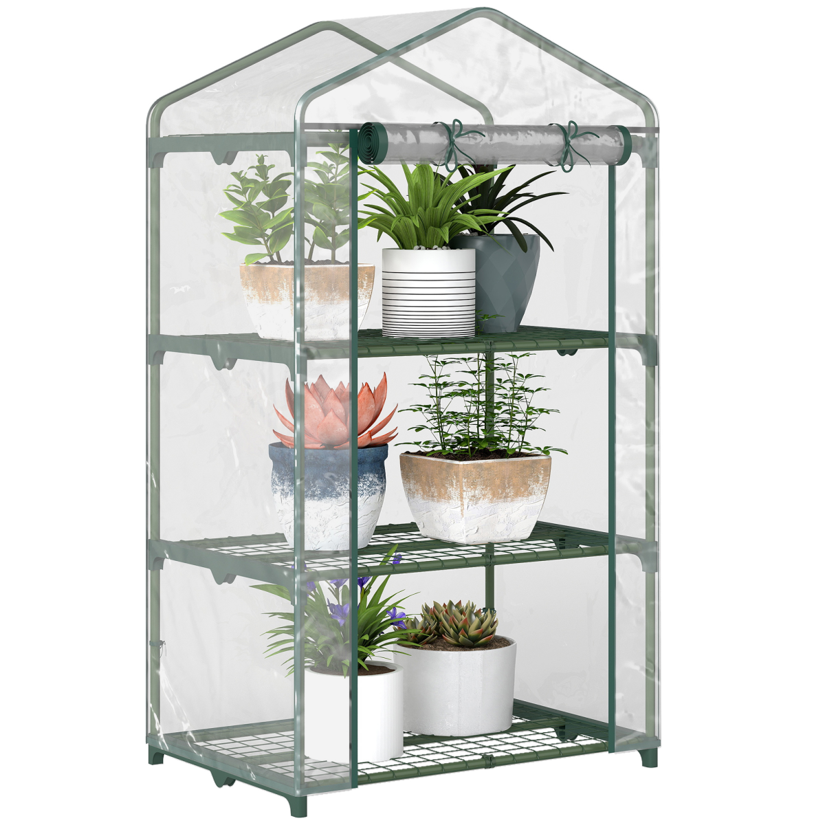 Outsunny 3-Tier Mini Greenhouse with Roll-Up Door, 69x49x125cm, Clear