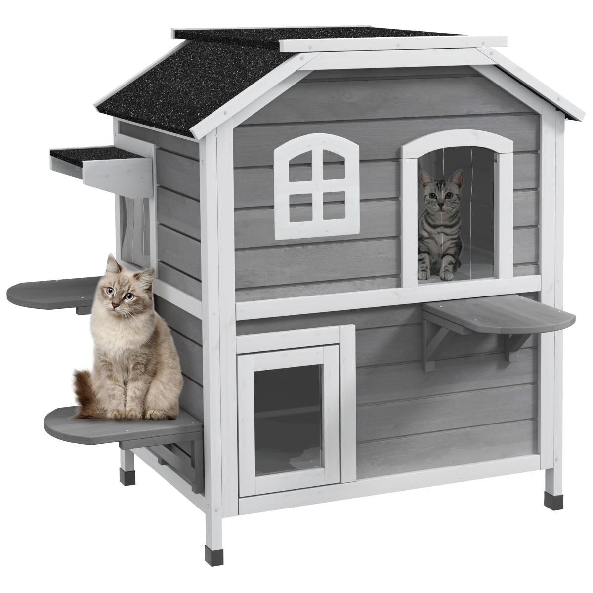 PawHut Large Fir Wood 2-Floor Cat Condo with Openable Roof, Outdoor/Indoor Catio, Grey