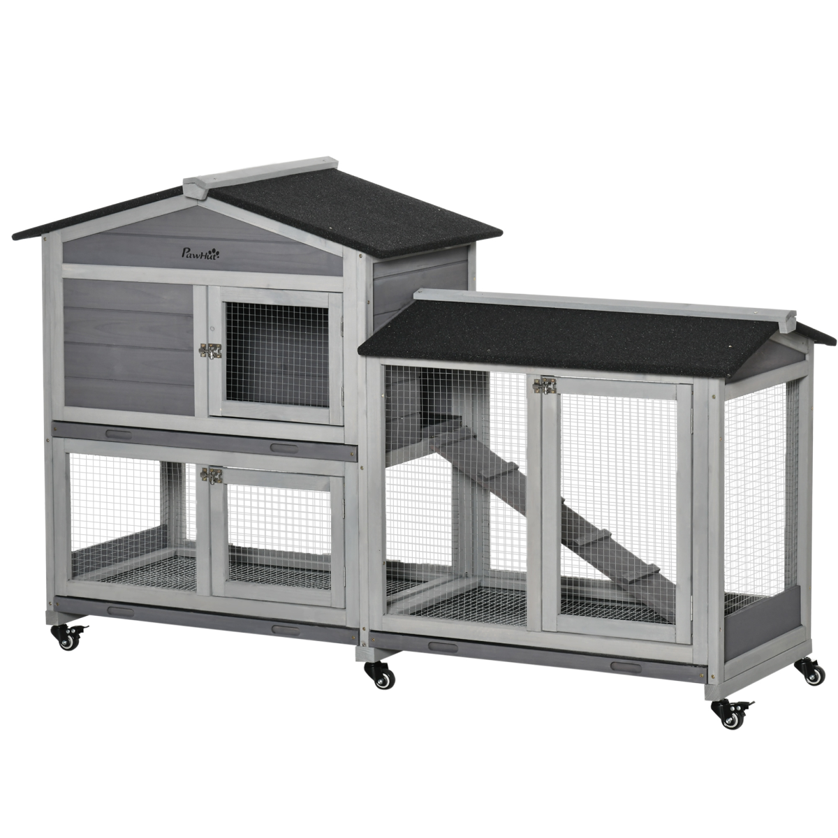 PawHut Wooden Rabbit Hutch with Wheels, Slide-Out Tray, Ramp