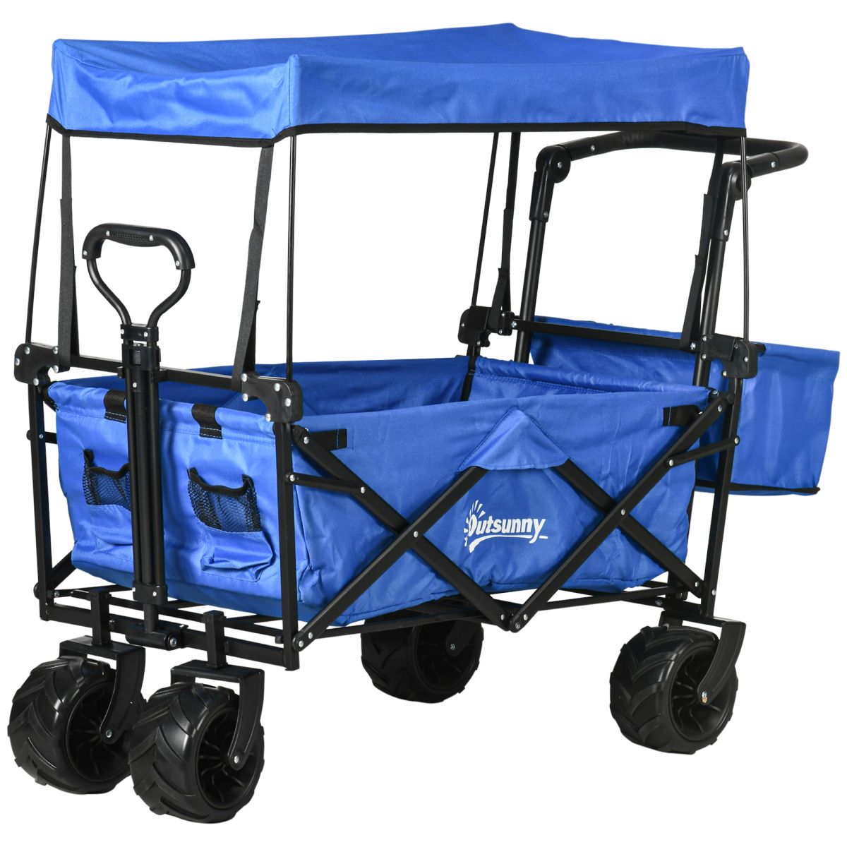 Outsunny Folding Trolley Cart Wagon, 4-Wheel, 2-Compartment, Blue