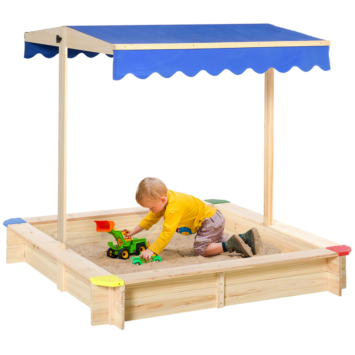 Outsunny Wooden Kids Sandbox Playset with Adjustable Canopy