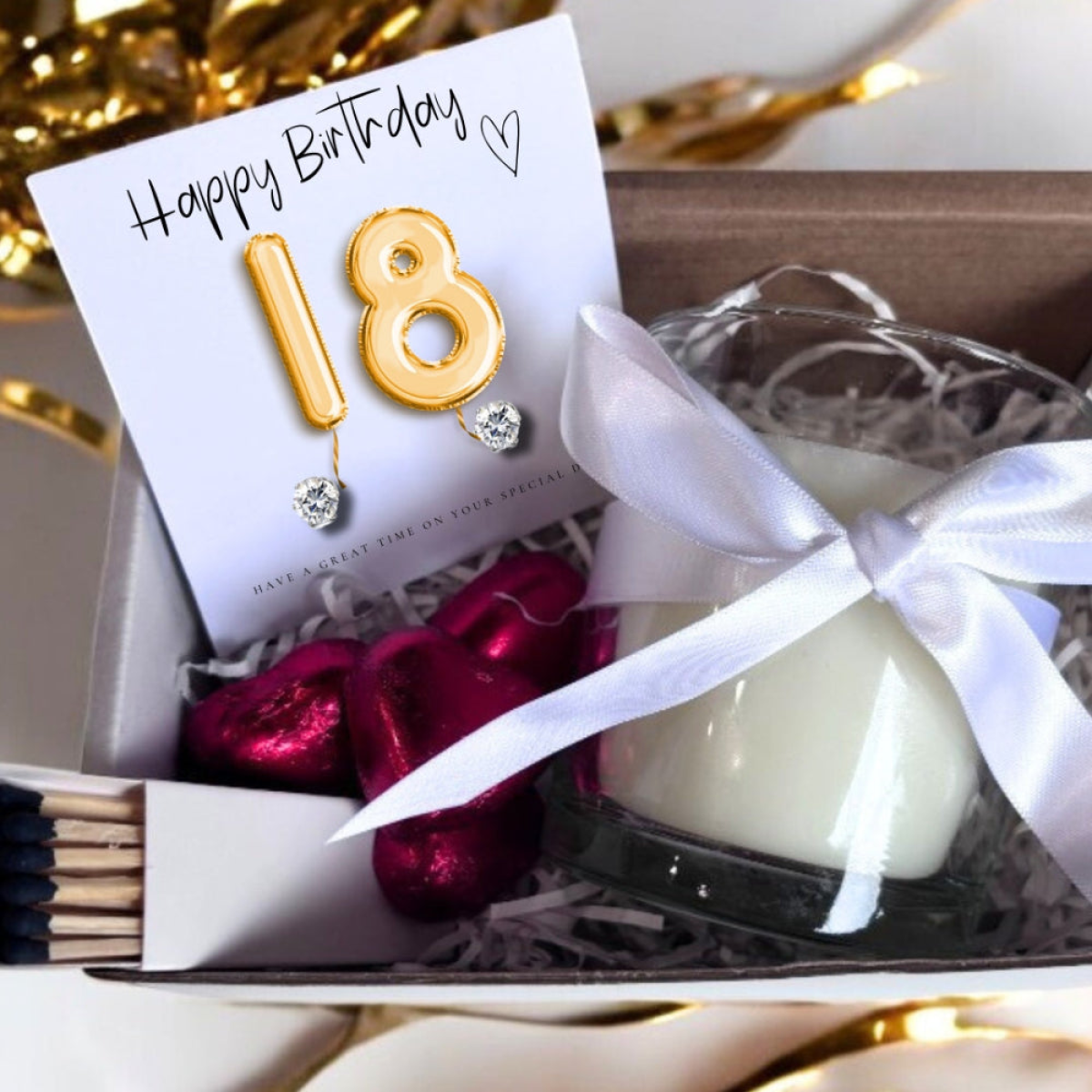 18th Birthday Gold Balloons Gift Hamper with Cubic Zirconia Stud Earrings, Linen Scented Candle and Chocolate Hearts