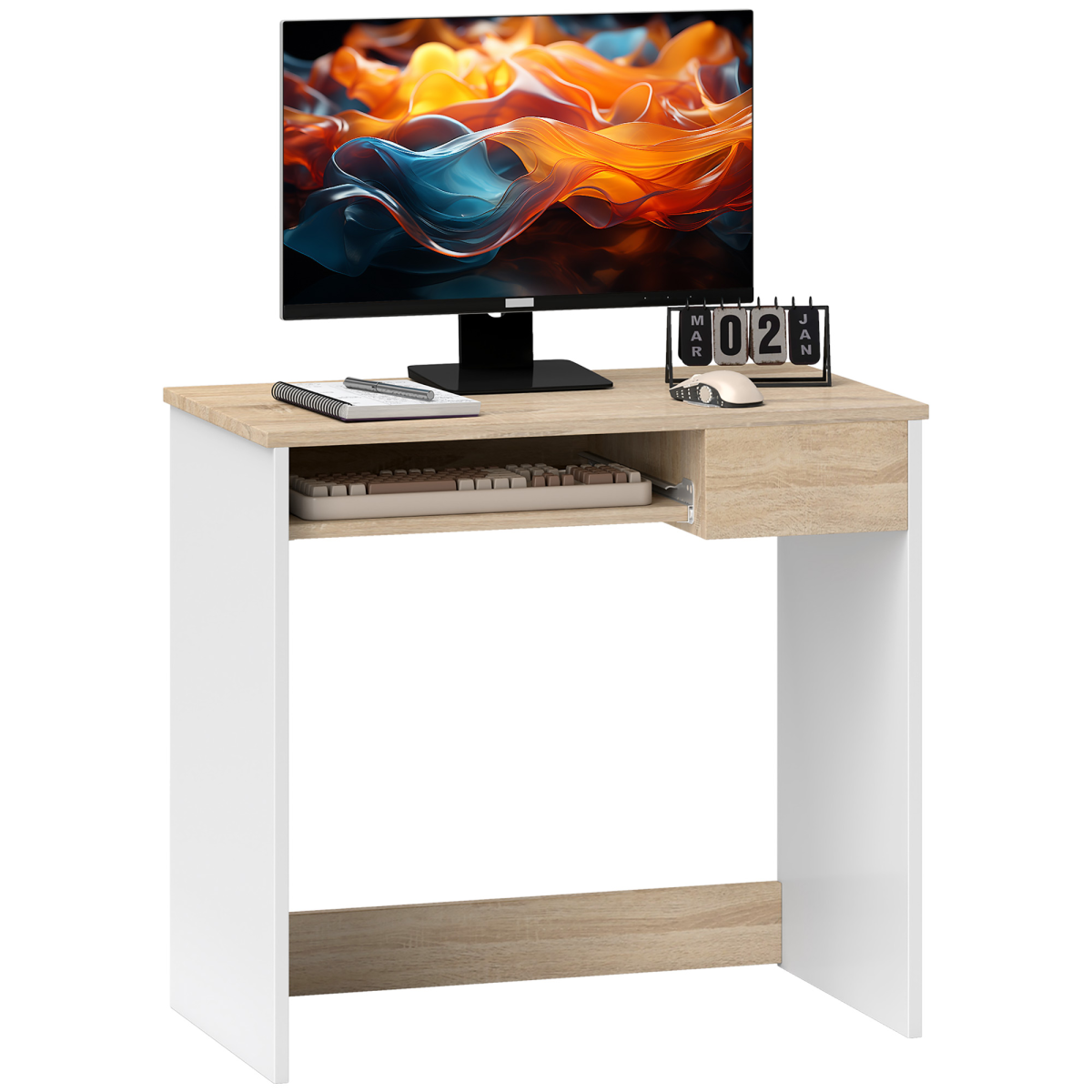 HOMCOM Compact Computer Table with Keyboard Tray and Drawer, Oak