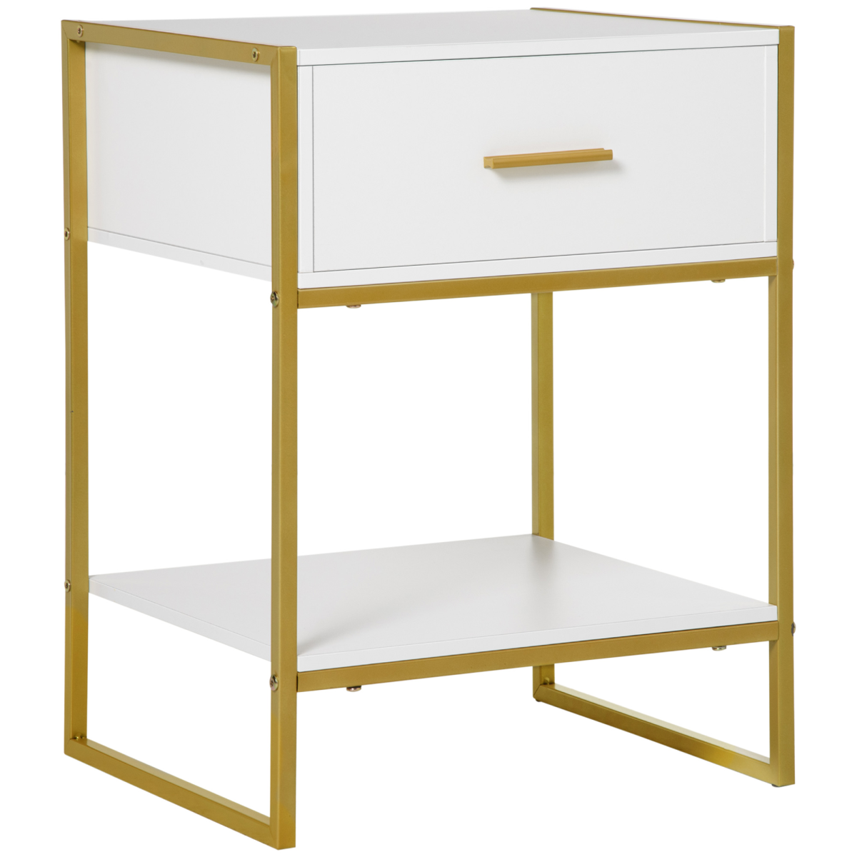 Modern White and Gold Bedside Table Nightstand with Drawer and Shelf