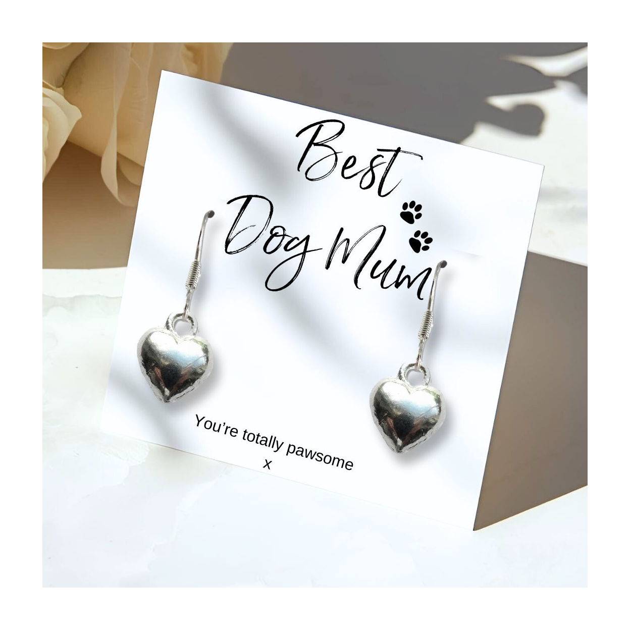 Best Dog Mum Silver Heart Earrings with Gift Card