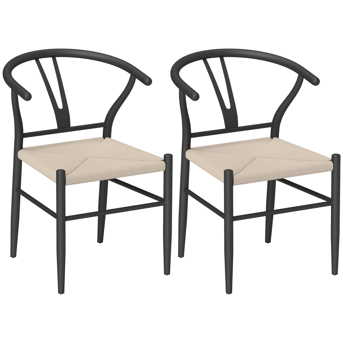 HOMCOM Set of 2 Dining Chairs, Hand-Woven Rope Seat, Black