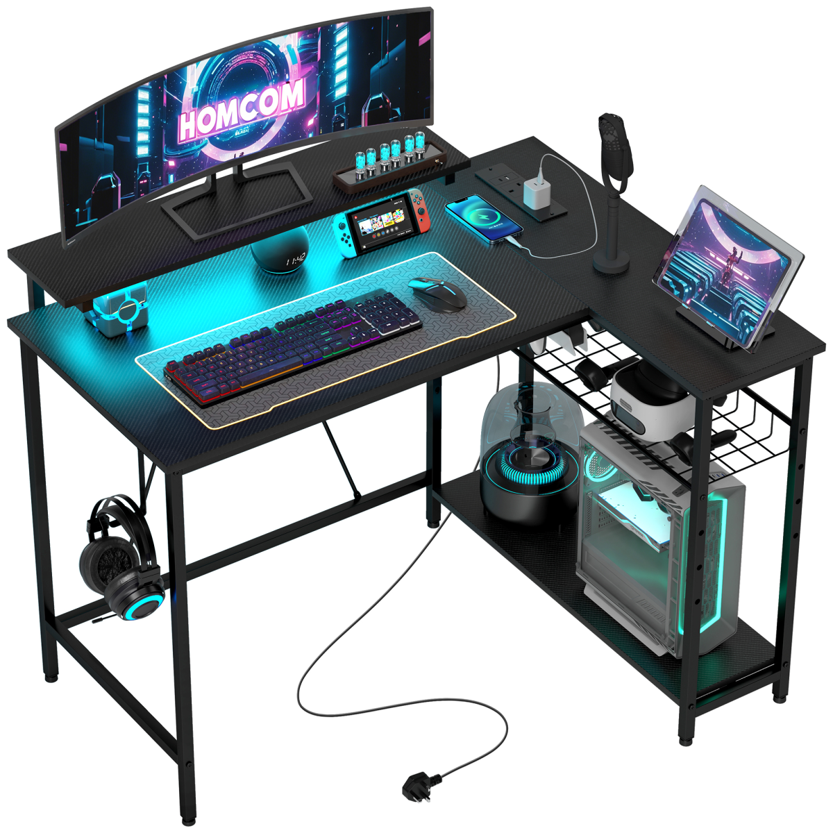 HOMCOM Reversible L Shaped Gaming Desk with LED Lights & Storage