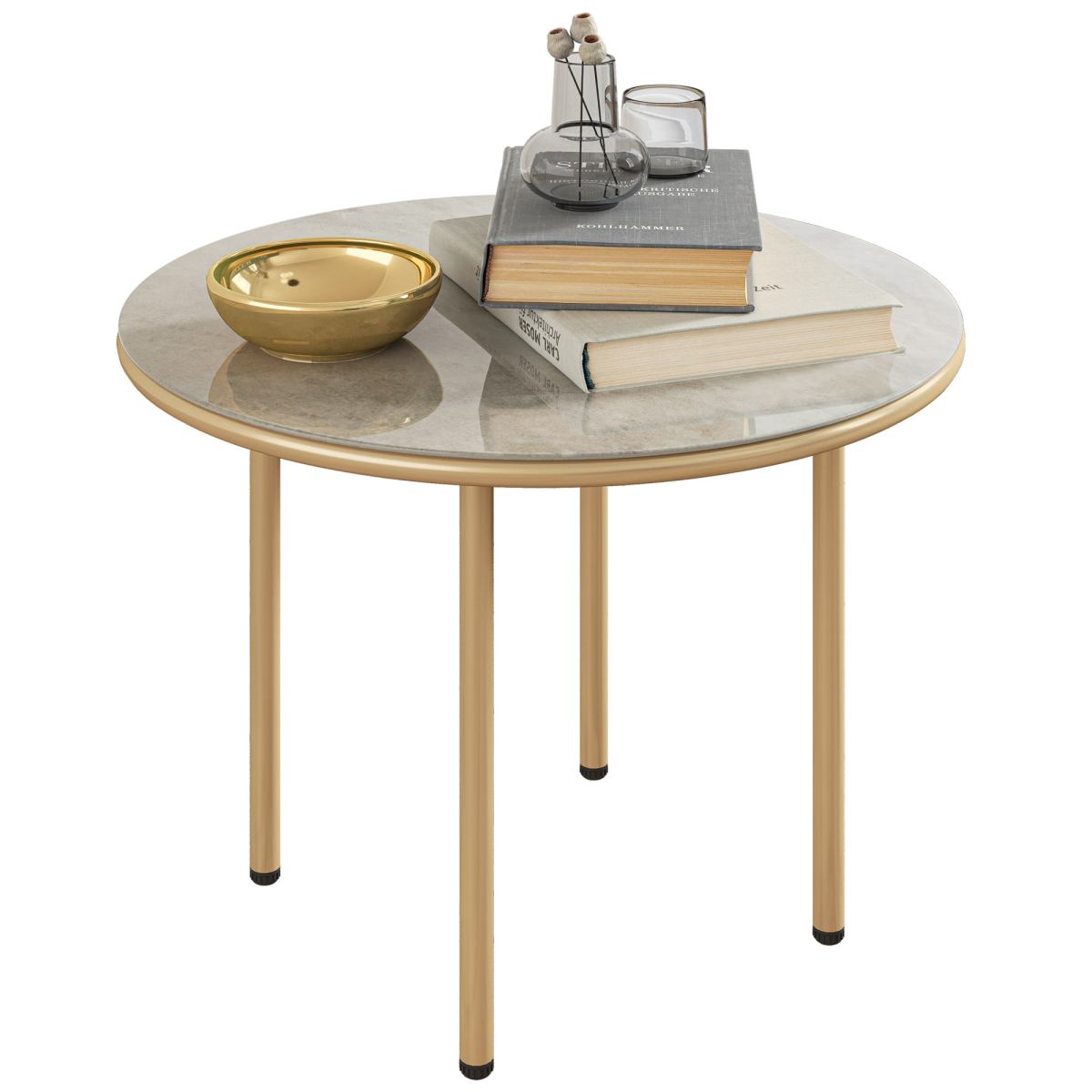 Outsunny Round Garden Table with Faux Marble Tempered Glass Top, Beige