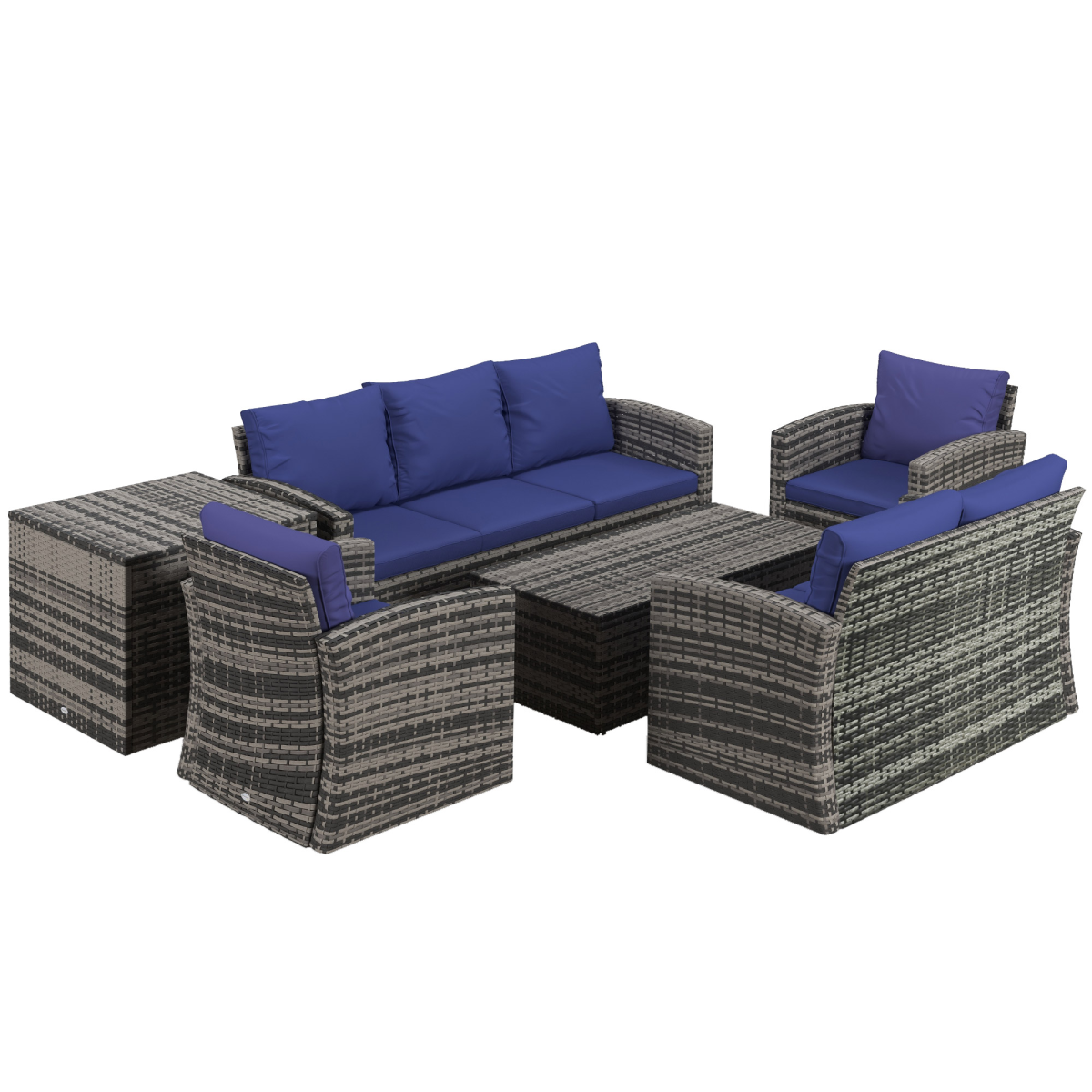 Outsunny 6-Piece Patio Rattan Sofa Set, 7-Seater, Navy Blue Cushions