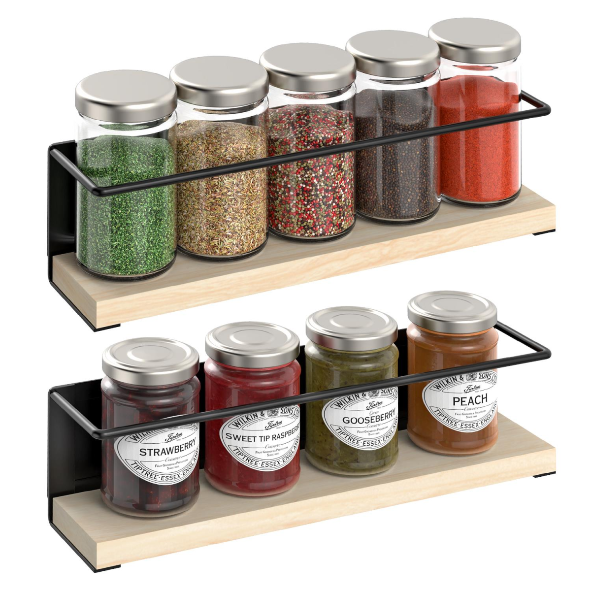 Vinsani 2-Piece Magnetic Spice Rack Wooden Shelf, Strong Magnetic Hold, No Drilling Needed