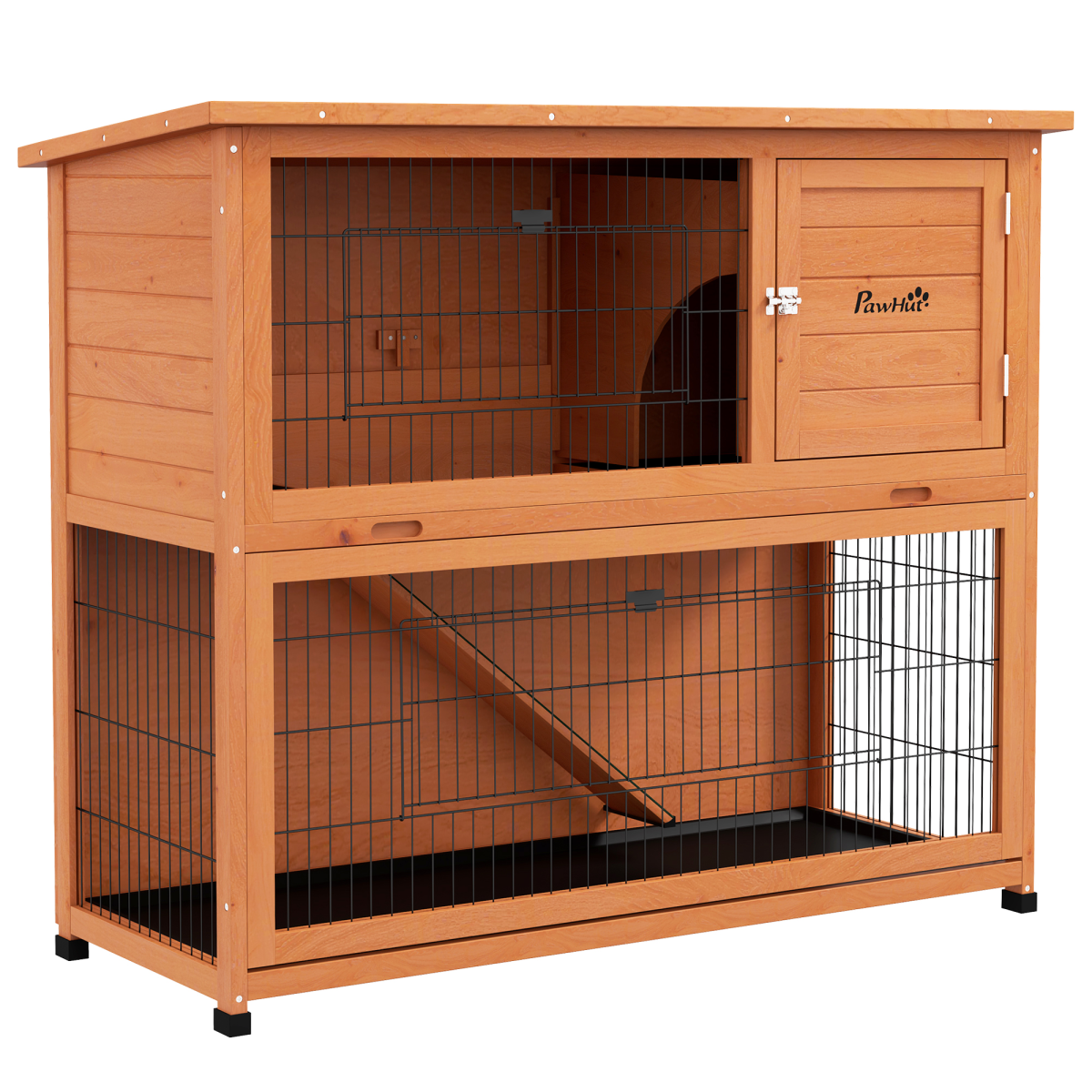 PawHut Wooden Outdoor Rabbit Hutch for 1-2 Rabbits, Antiseptic Fir Wood, Steel Wire, Orange