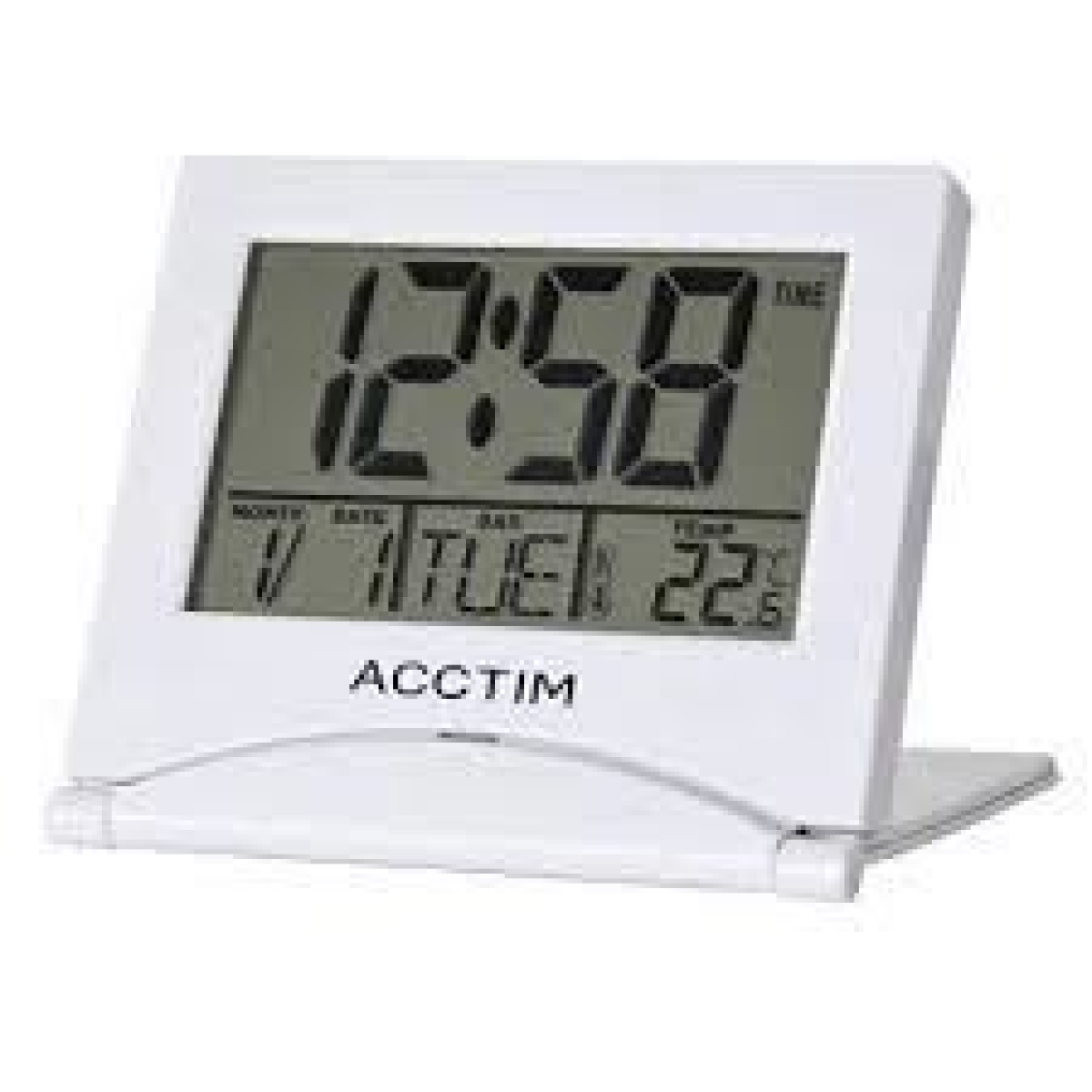 Acctim Mini Flip Folding Travel LCD Alarm Clock with Snooze, White