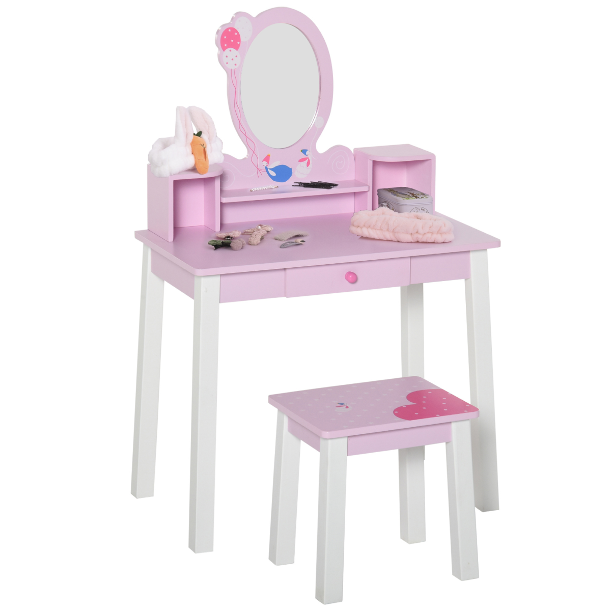 Kids Dressing Table and Stool Set with Storage, Pink