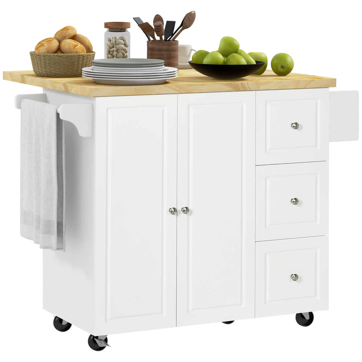 Rolling Kitchen Island Cart with Drop-Leaf Top, 2-Door Cabinet, 3 Drawers, Towel Rack and Spice Stand