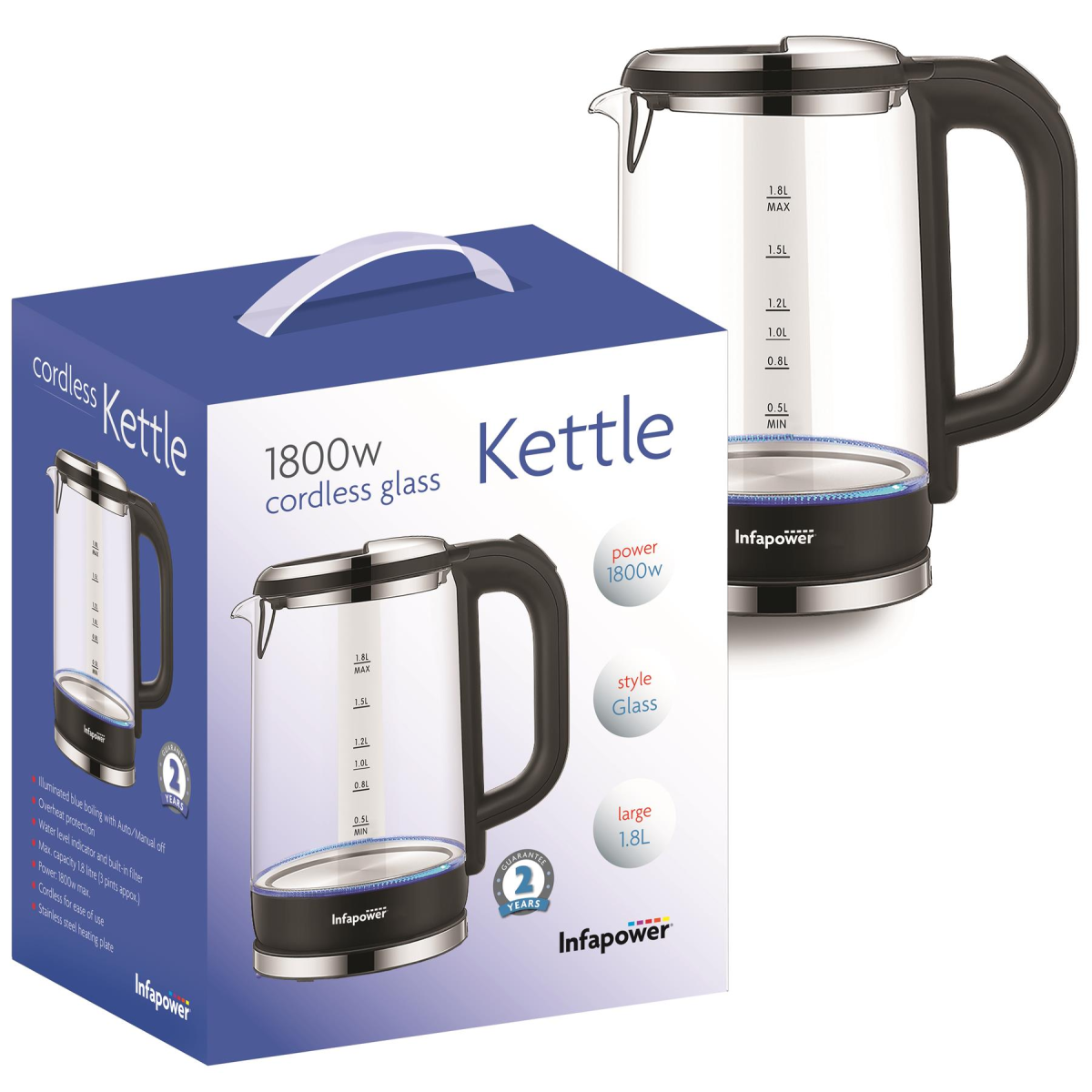 Infapower Glass 1800W 1.8L 360° Cordless Kettle with Blue Illumination