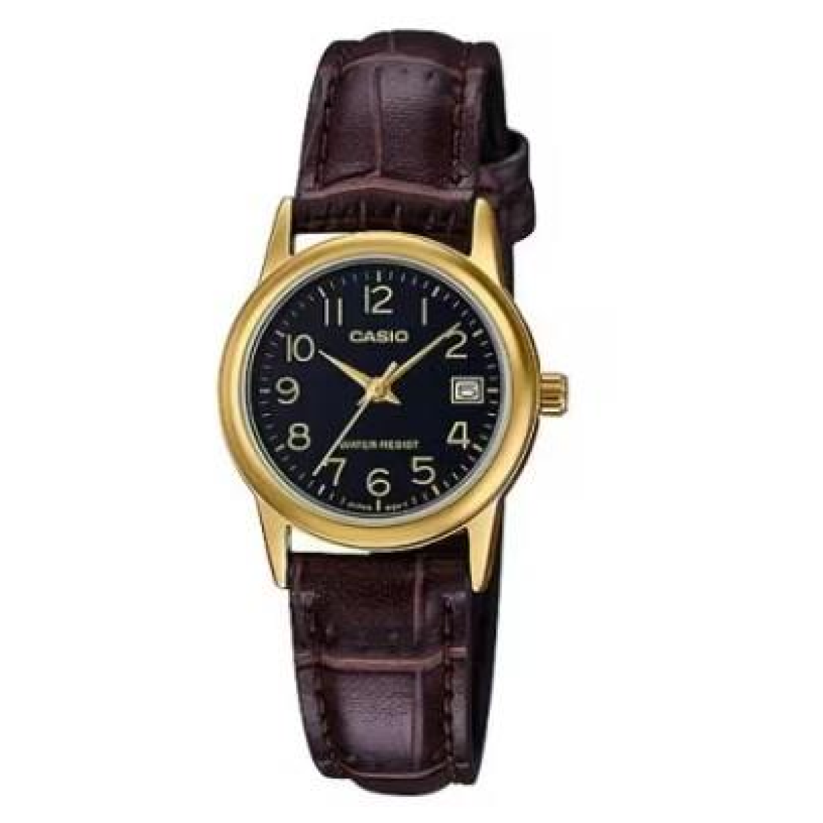 Casio Ladies Analogue Quartz Watch with Gold Dial, Brown Leather Strap