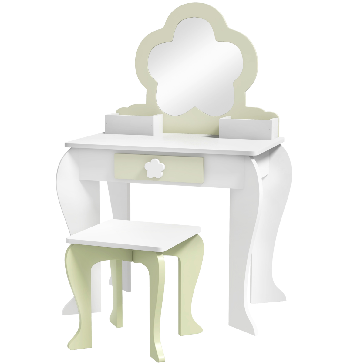 ZONEKIZ Kids Vanity Table Set with Stool, Mirror, Flower Design, White