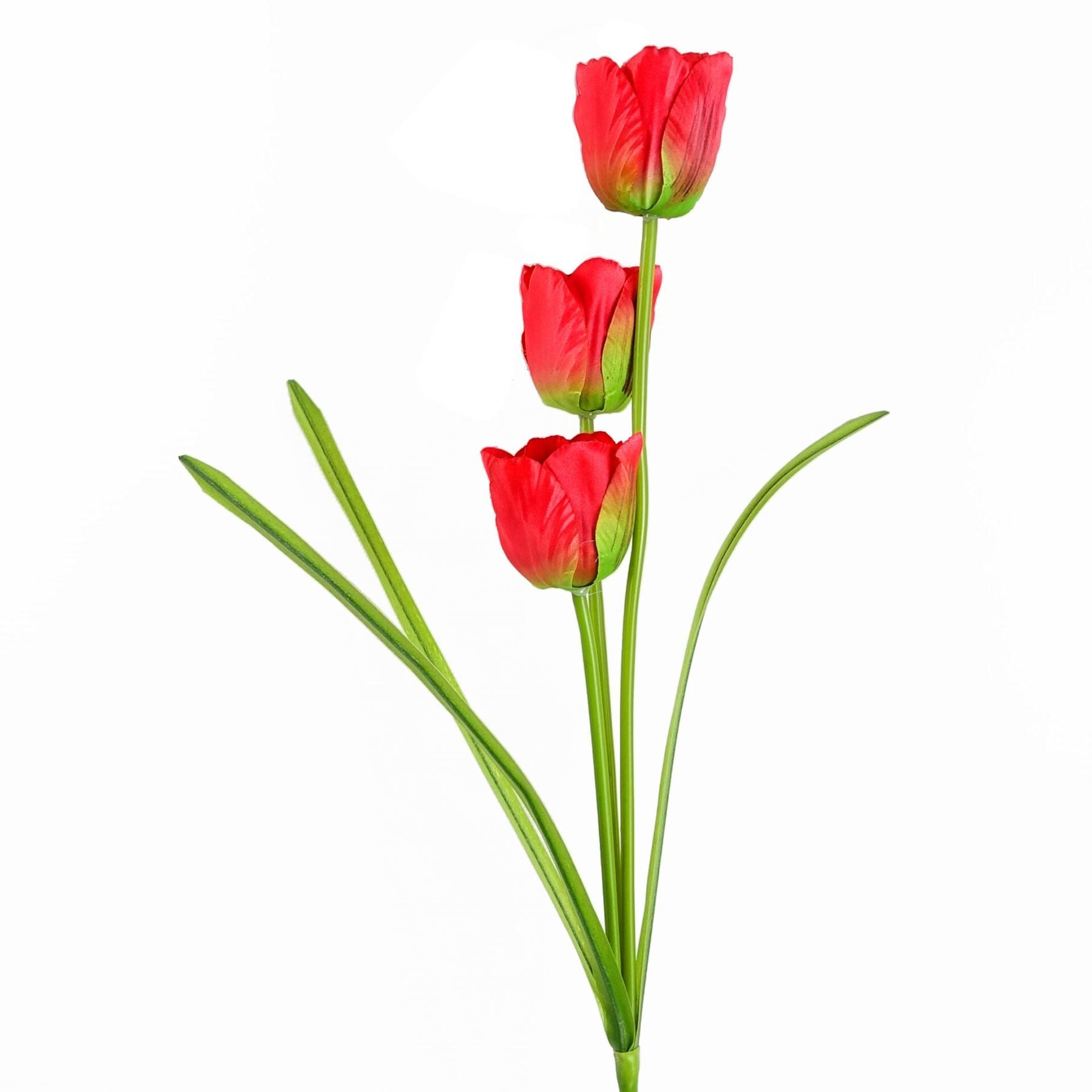80cm Artificial Red Tulip Stem with 3 Flowers, Silk Petals and Plastic Leaves