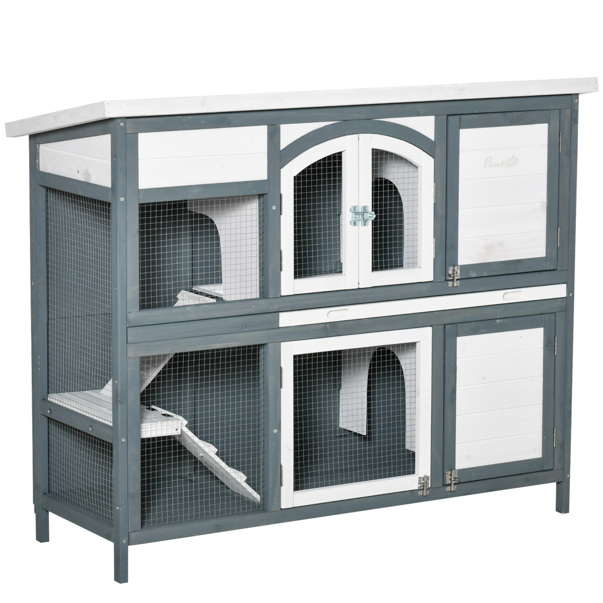 PawHut Two-Tier Wooden Rabbit Hutch with Openable Roof, Pull-Out Tray, Ramps, and Lockable Doors