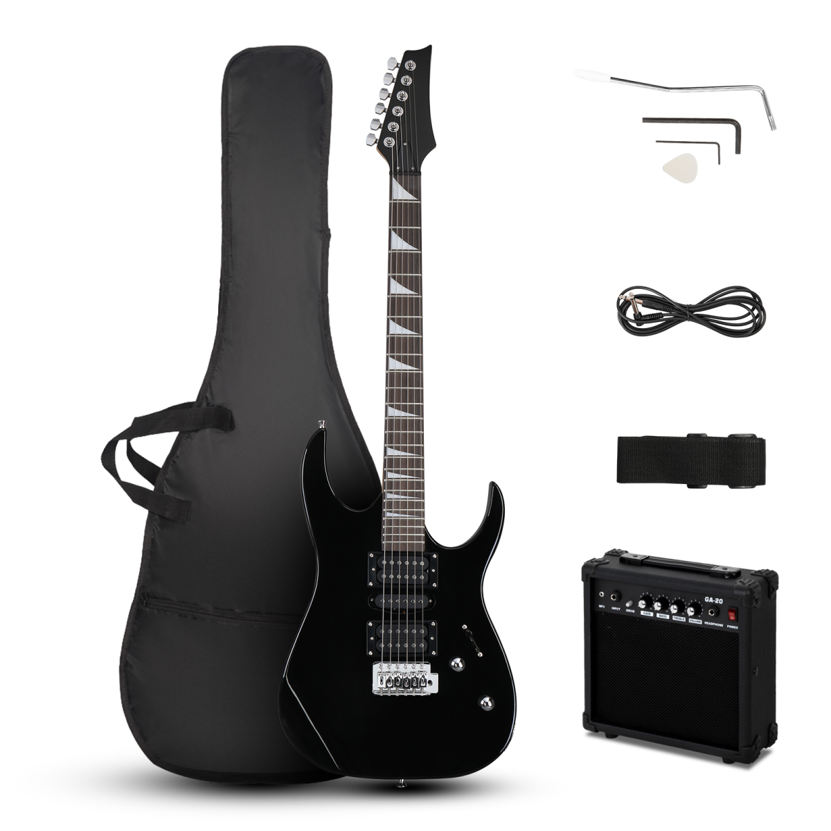 Glarry 170 Electric Guitar with 20W Amp, HSH Pickups, Tremolo Bridge, Black