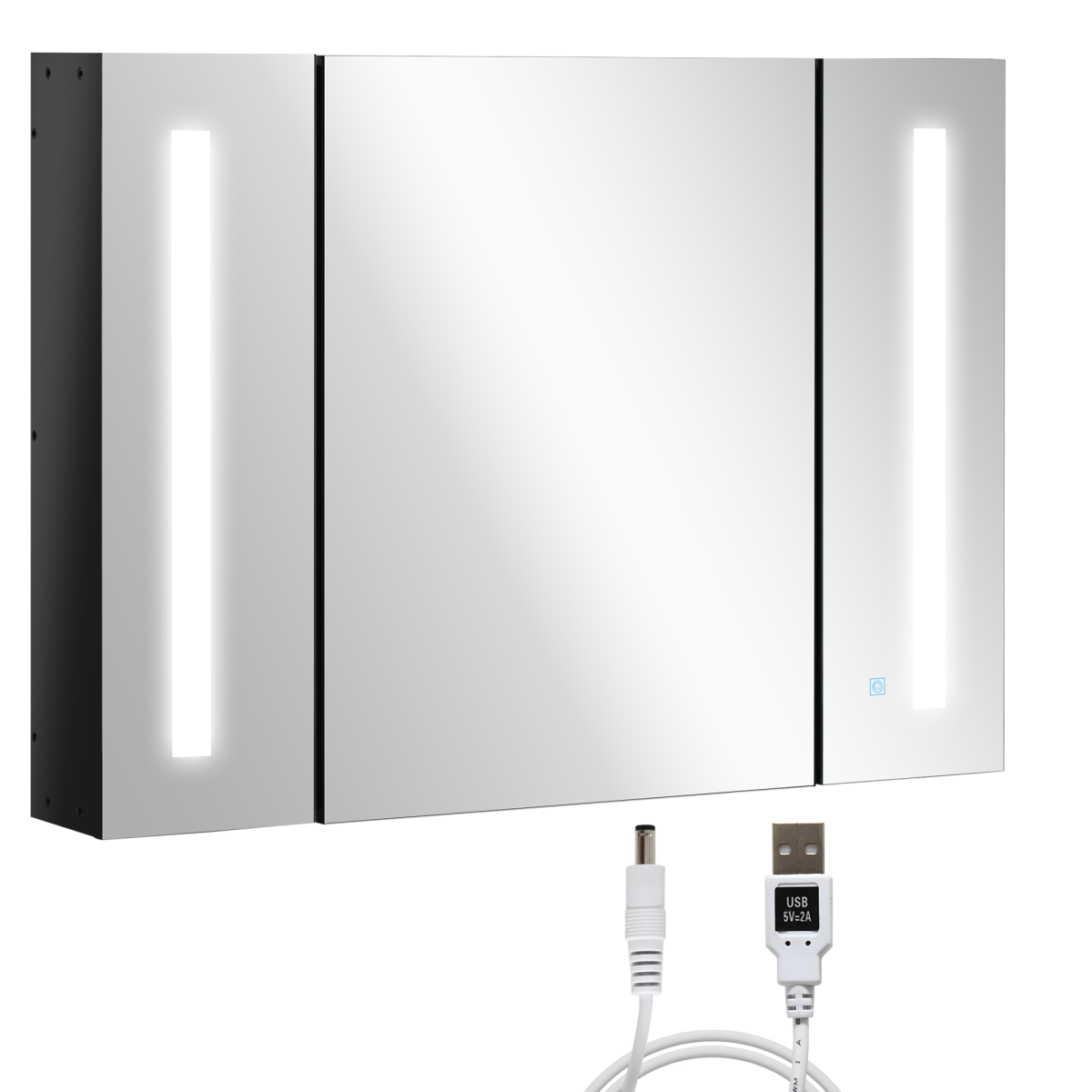 kleankin LED Wall-Mounted Bathroom Mirror Cabinet with 3 Mirrored Cabinets, Shelves, Touch Sensor, USB Powered, High Gloss Black