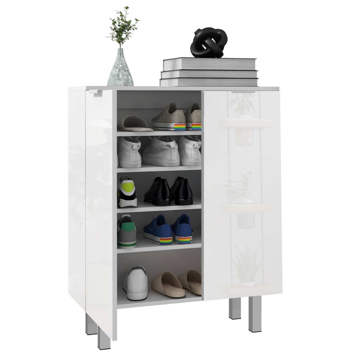 HOMCOM Shoe Storage Cabinet, High Gloss White, Adjustable Shelves